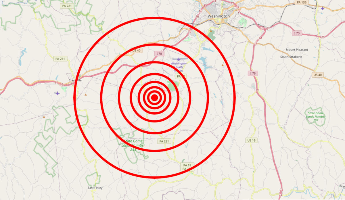 A map showing the location of the earthquake southwest of the Washington County Airport