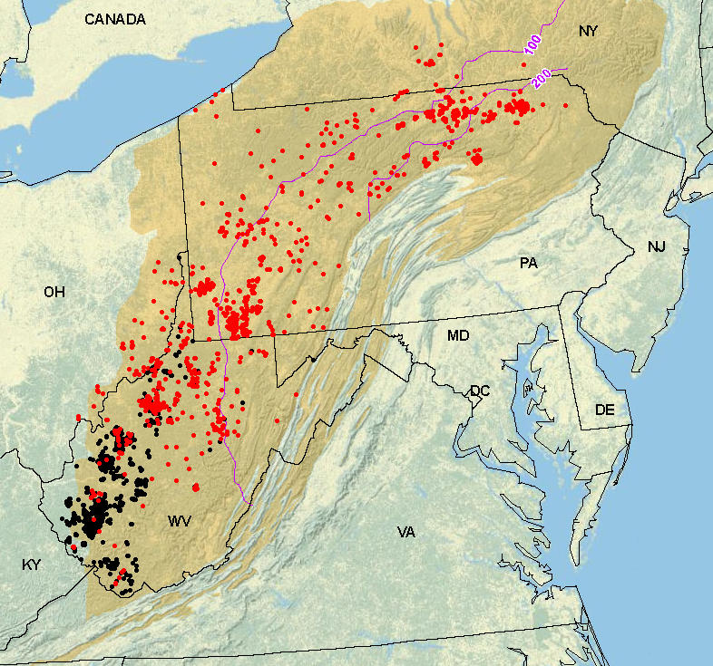 A map outlining the extent of Marcellus Shale